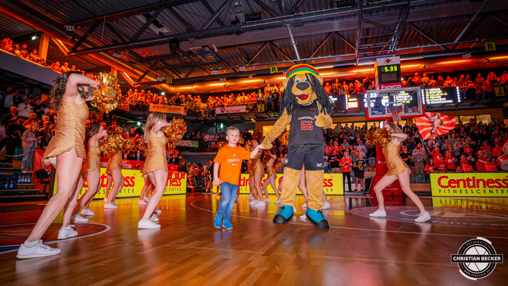 1. Basketball Bundesliga, easyCredit BBL, Saison 2024/2025, Herren, Hauptrunde, 16. Spieltag, 11.01.2025, RASTA Vechta - Syntainics MBC
Bob (Maskottchen - RASTA Vechta) mit einem Einlaufkind
Schlüsselwörter: 1. Bundesliga;11.01.2025;16. Spieltag;BBL;Basketball;Hauptrunde;Liga;MBC;RASTA;RASTA Dome;Saison 2024/2025;Syntainics;Vechta;Weißenfels;easycredit